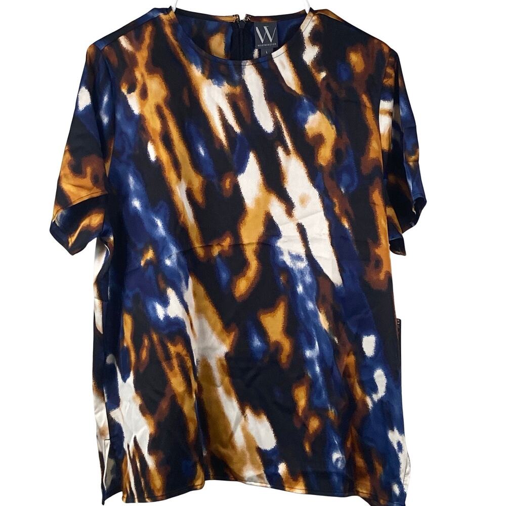 Worthington Top Women's Size Large Blue Gold Abstract Zipper Lightweight Office